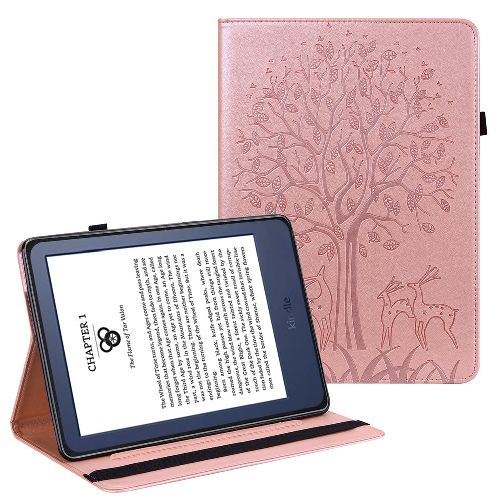 For Amazon Kindle Paperwhite 6 (2022) PU Leather Tablet Case Tree Deer Imprinted Stand Cover with Card Holder
