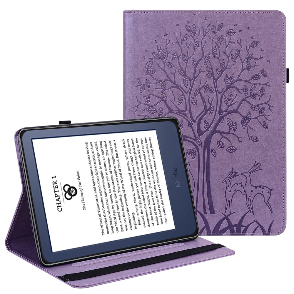 For Amazon Kindle Paperwhite 6 (2022) PU Leather Tablet Case Tree Deer Imprinted Stand Cover with Card Holder