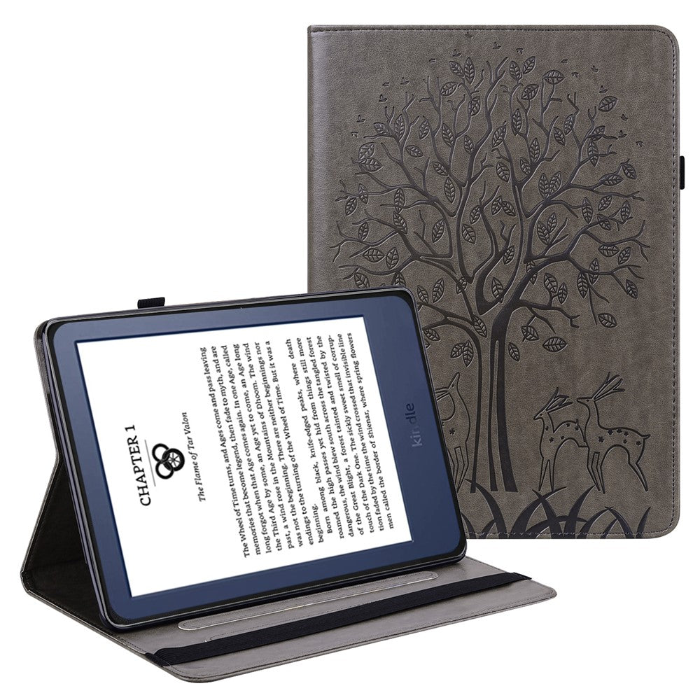 For Amazon Kindle Paperwhite 6 (2022) PU Leather Tablet Case Tree Deer Imprinted Stand Cover with Card Holder