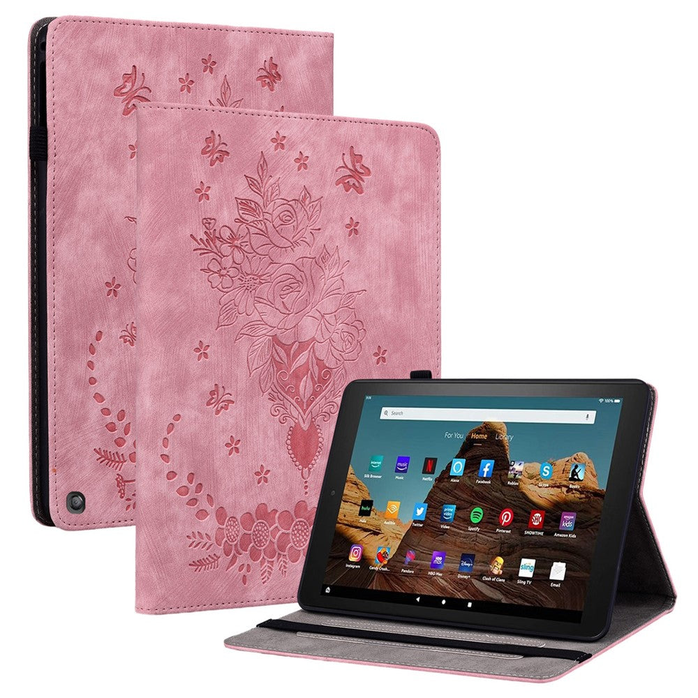 For Amazon Fire HD 10 (2023) Tablet Case Card Holder Butterfly Rose Imprinted PU Leather Cover