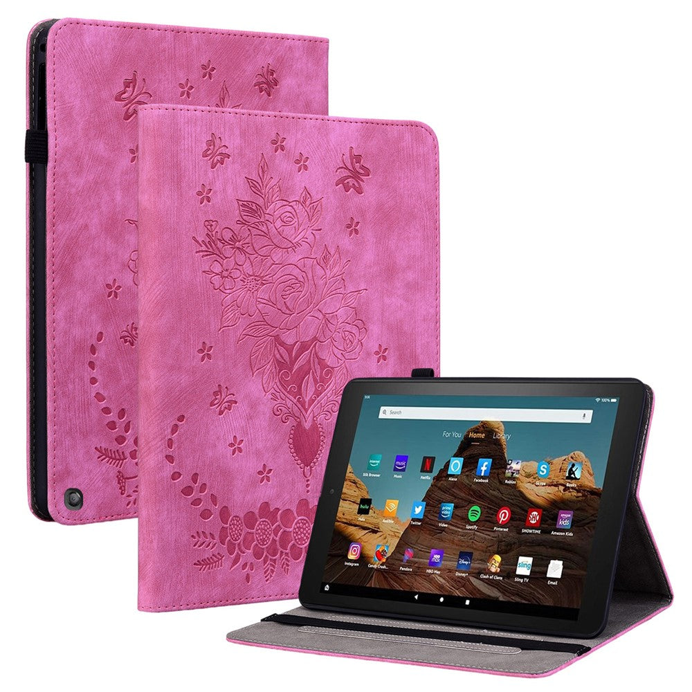 For Amazon Fire HD 10 (2023) Tablet Case Card Holder Butterfly Rose Imprinted PU Leather Cover