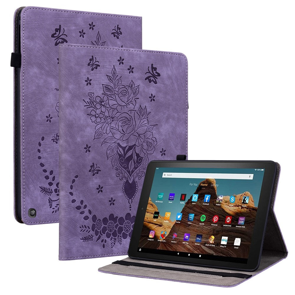 For Amazon Fire HD 10 (2023) Tablet Case Card Holder Butterfly Rose Imprinted PU Leather Cover