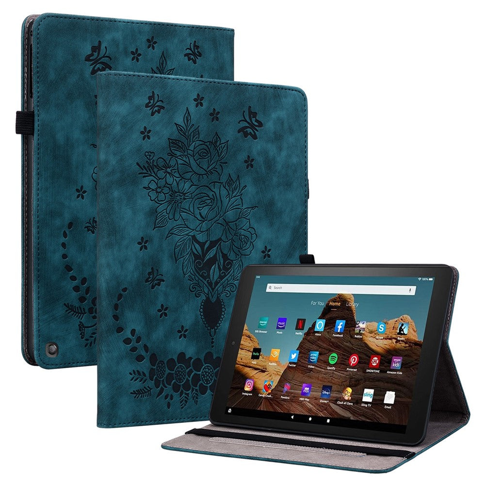 For Amazon Fire HD 10 (2023) Tablet Case Card Holder Butterfly Rose Imprinted PU Leather Cover
