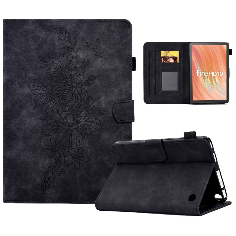 A7 For Amazon Fire HD 10 (2023) Tablet Case Flower Butterfly Imprinted Leather Cover with Card Slots