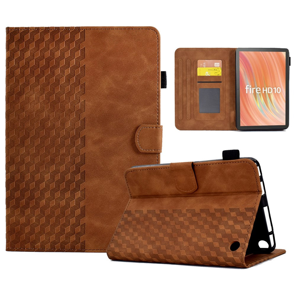 A6 For Amazon Fire HD 10 (2023) Leather Case Block Pattern Imprinted Card Slots Tablet Cover