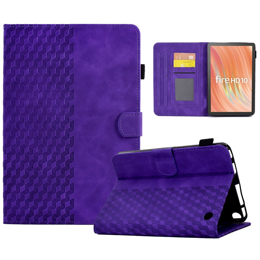 A6 For Amazon Fire HD 10 (2023) Leather Case Block Pattern Imprinted Card Slots Tablet Cover