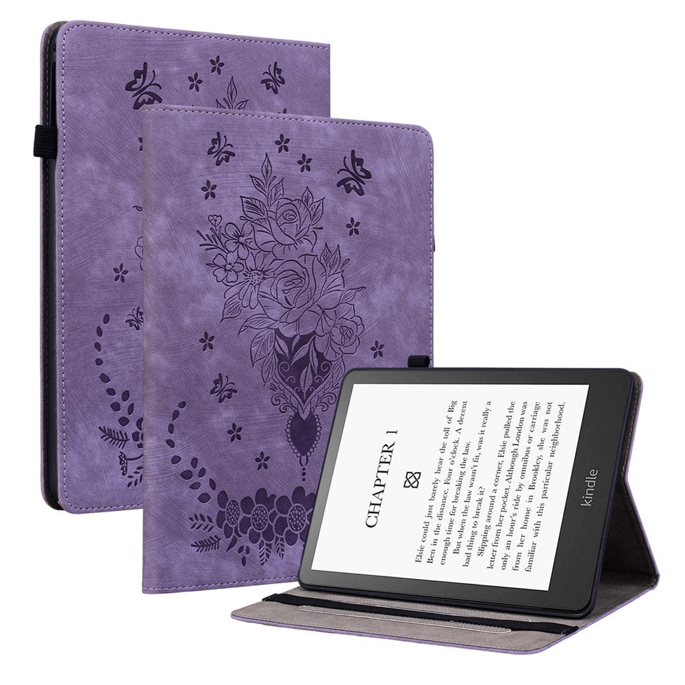For Amazon Kindle Paperwhite (2024) / Kindle Colorsoft Leather Case Card Holder Rose Flower E-Reader Cover