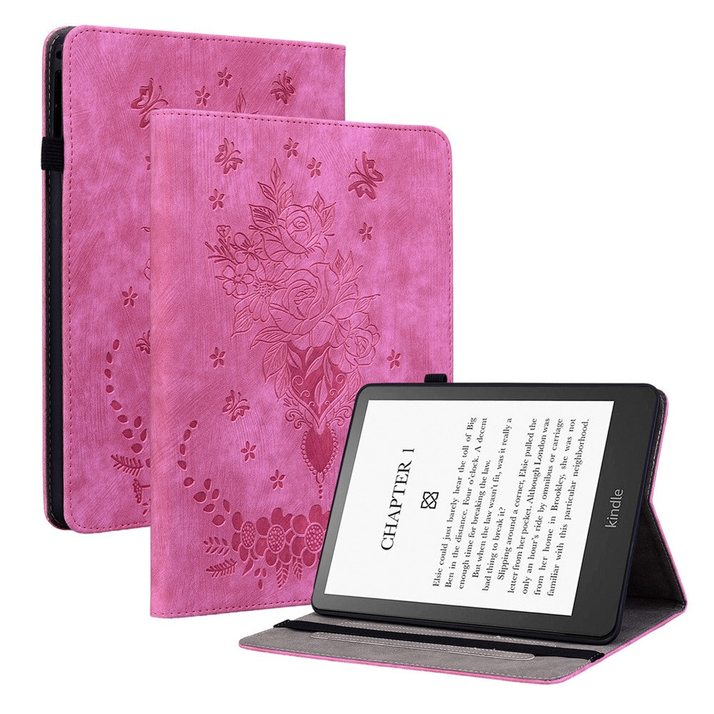 For Amazon Kindle Paperwhite (2024) / Kindle Colorsoft Leather Case Card Holder Rose Flower E-Reader Cover
