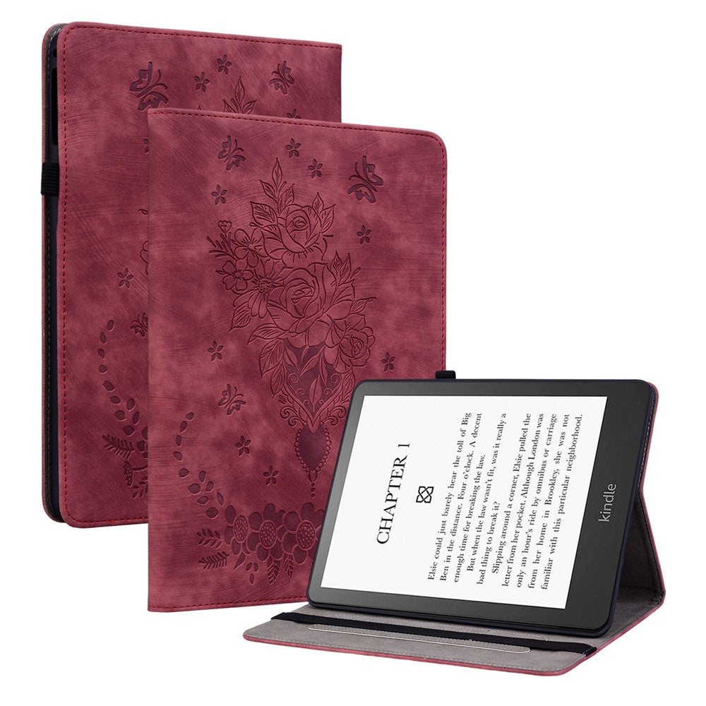 For Amazon Kindle Paperwhite (2024) / Kindle Colorsoft Leather Case Card Holder Rose Flower E-Reader Cover