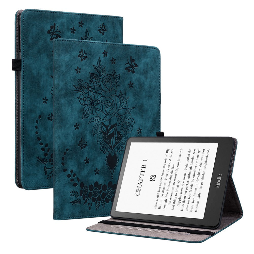 For Amazon Kindle Paperwhite (2024) / Kindle Colorsoft Leather Case Card Holder Rose Flower E-Reader Cover