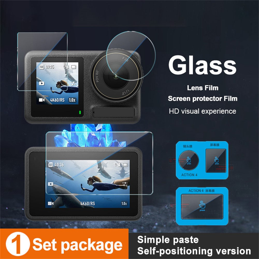 IMAK For DJI Osmo Action 4 Tempered Glass Screen Protector + Lens Film Set with Self Positioning Frame