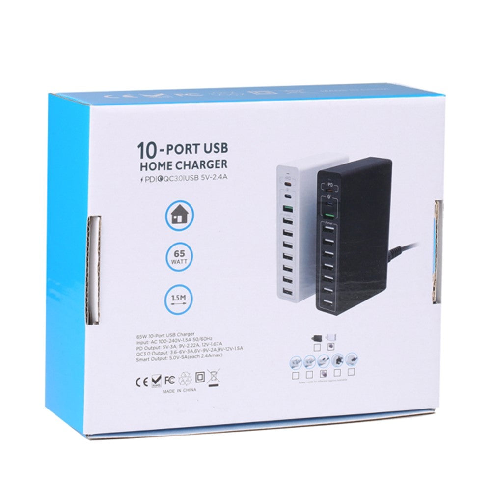 MFT-03Q USB Charger 10-Port 65W Multi-Port Type-C QC3.0 Charging Hub Compact Desktop Power Station