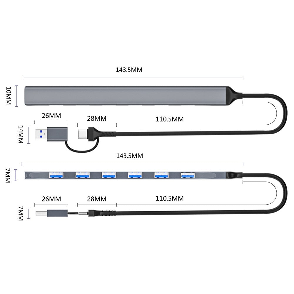 ADS-303D 7-in-1 Multifunctional Hub USB + Type-C to USB 3.0 + 6x USB 2.0 Splitter