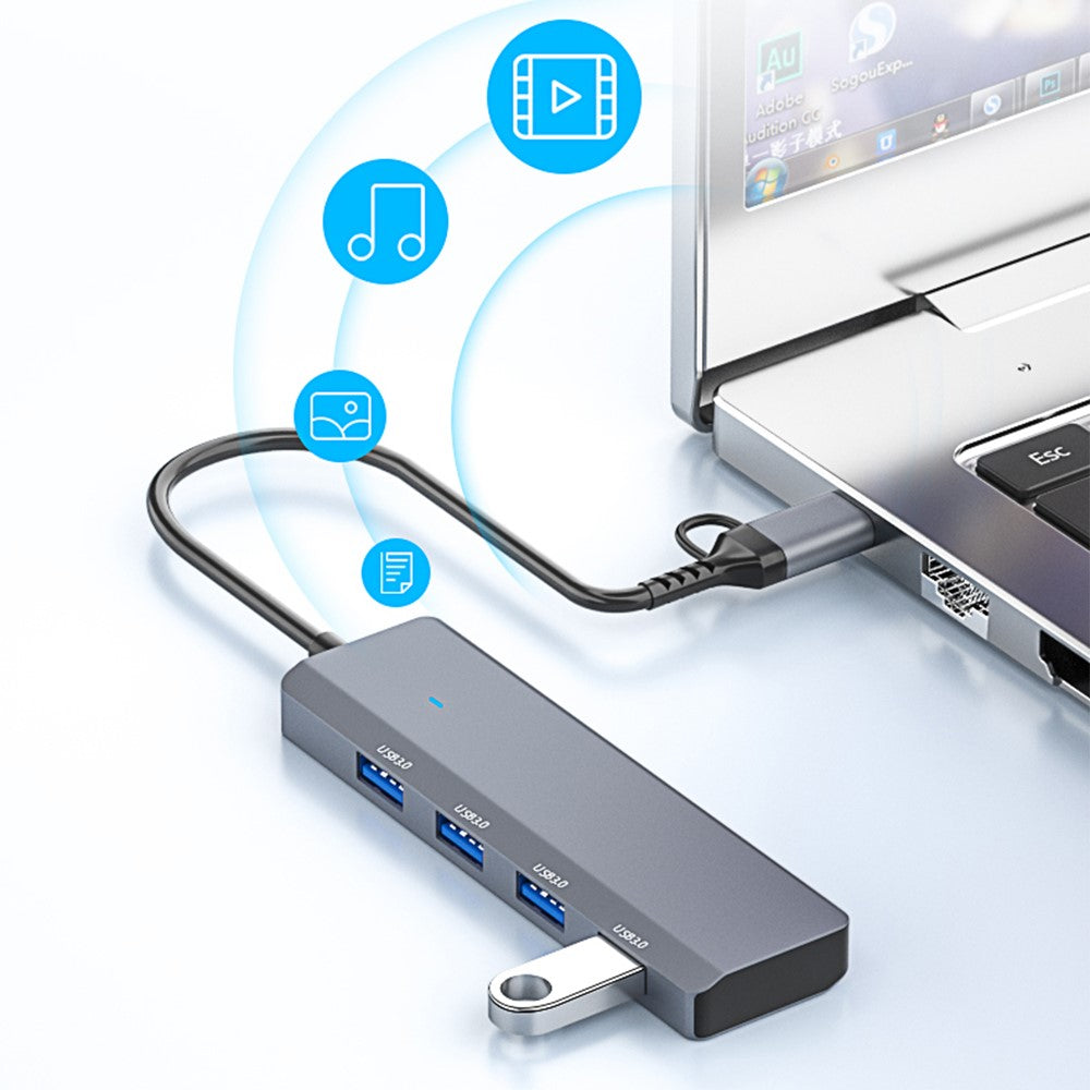 ADS-305D USB / Type-C to 4 USB3.0 Ports Docking Station USB Hub Aluminum Alloy Computer Laptop Adapter