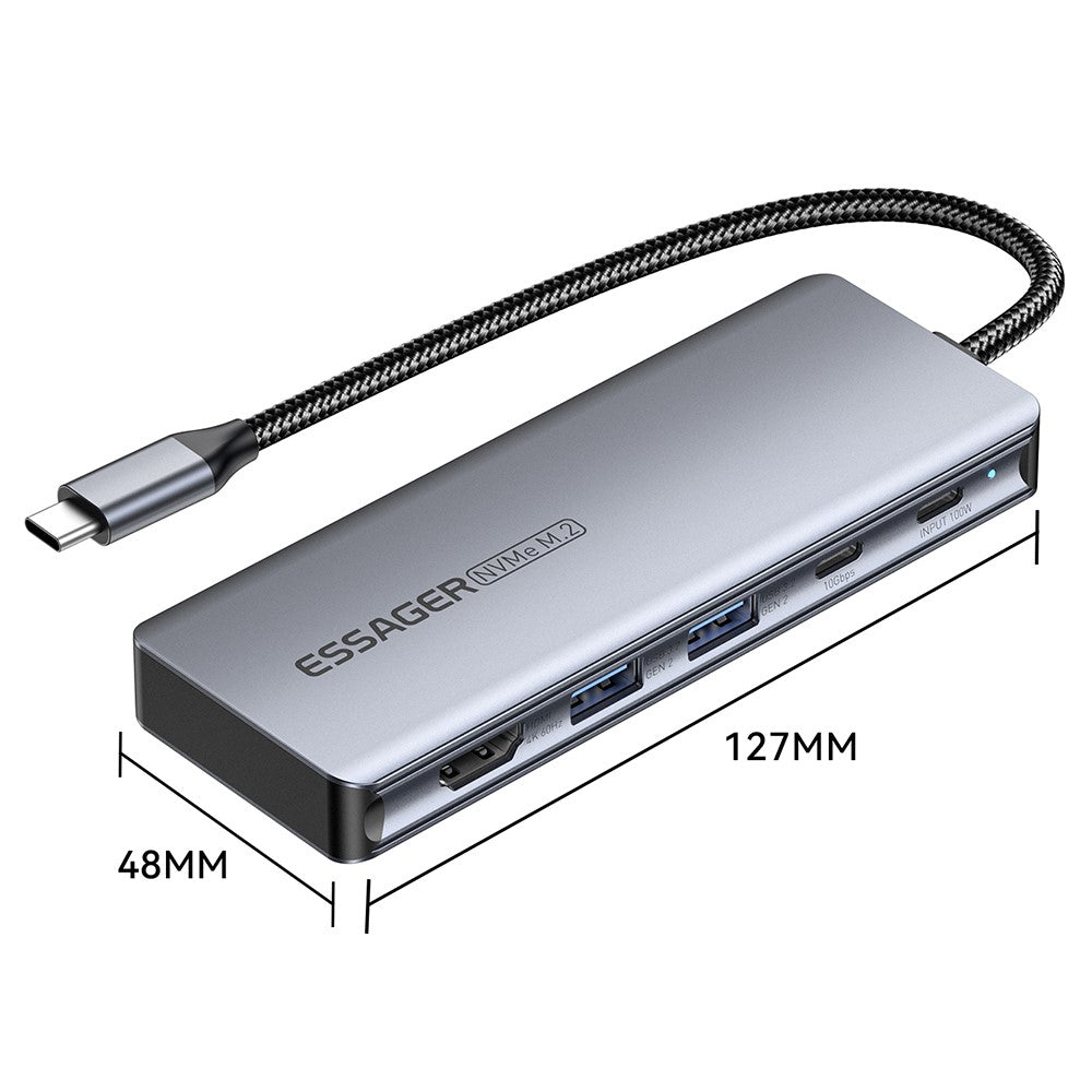 ESSAGER 6-in-1 Docking Station USB Hub Type-C to USB-C Charging + USB-C Data + 2xUSB3.2 + HD + Hard Disk Enclosure