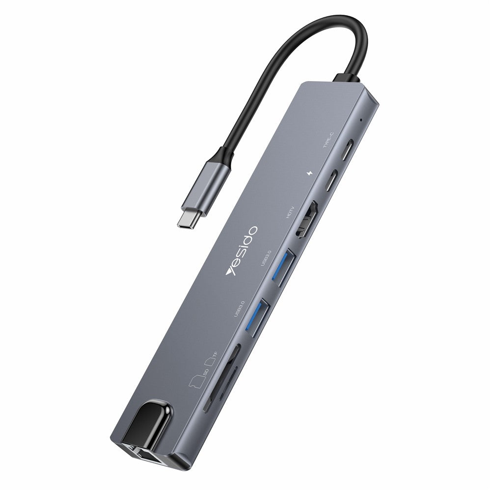 YESIDO HB27 8-in-1 USB Hub Docking Station Type-C to 2xUSB3.0 + USB-C3.0 Data + PD 100W + RJ45 + SD / TF + 4K HD Adapter