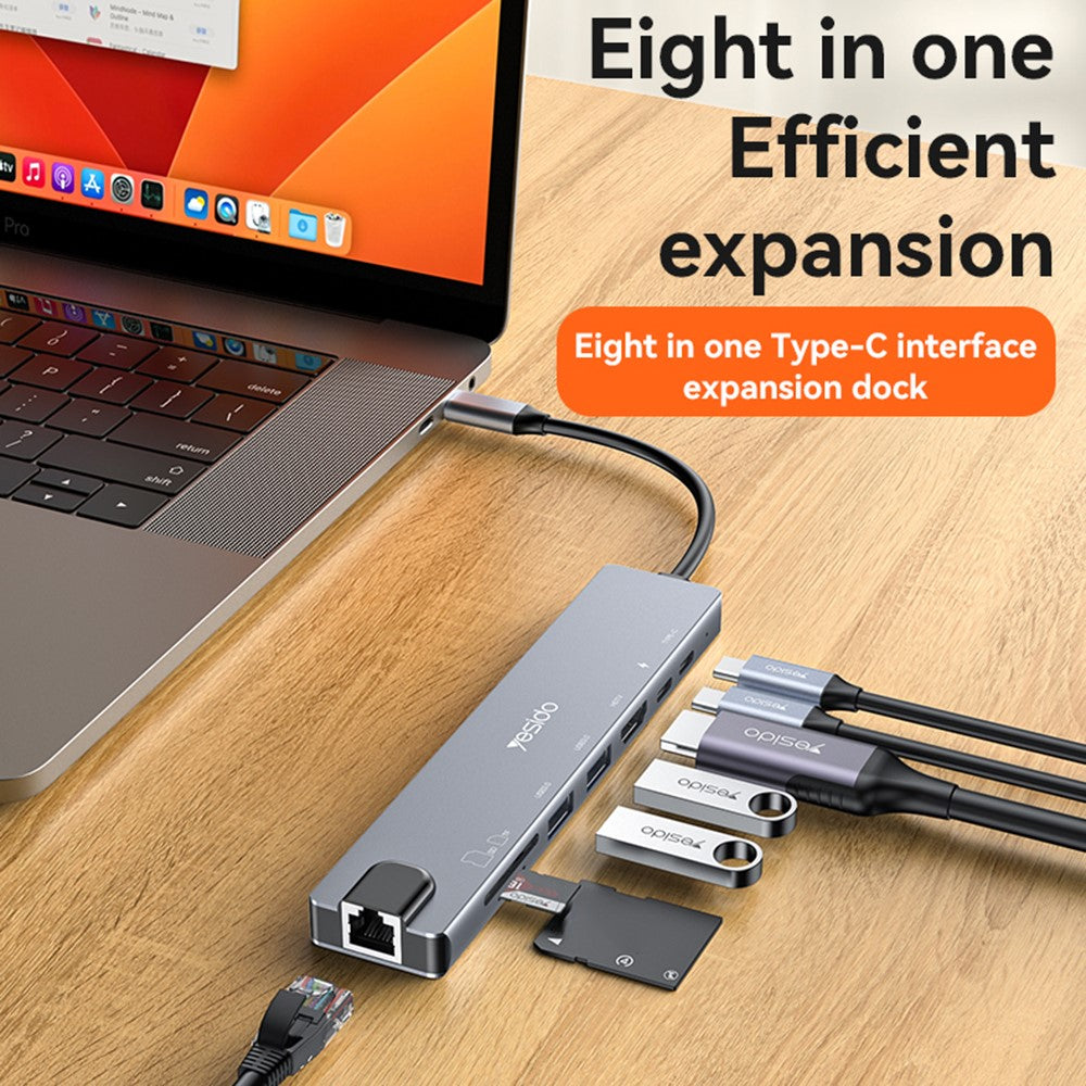 YESIDO HB27 8-in-1 USB Hub Docking Station Type-C to 2xUSB3.0 + USB-C3.0 Data + PD 100W + RJ45 + SD / TF + 4K HD Adapter