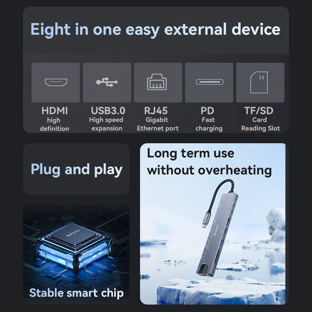 YESIDO HB27 8-in-1 USB Hub Docking Station Type-C to 2xUSB3.0 + USB-C3.0 Data + PD 100W + RJ45 + SD / TF + 4K HD Adapter