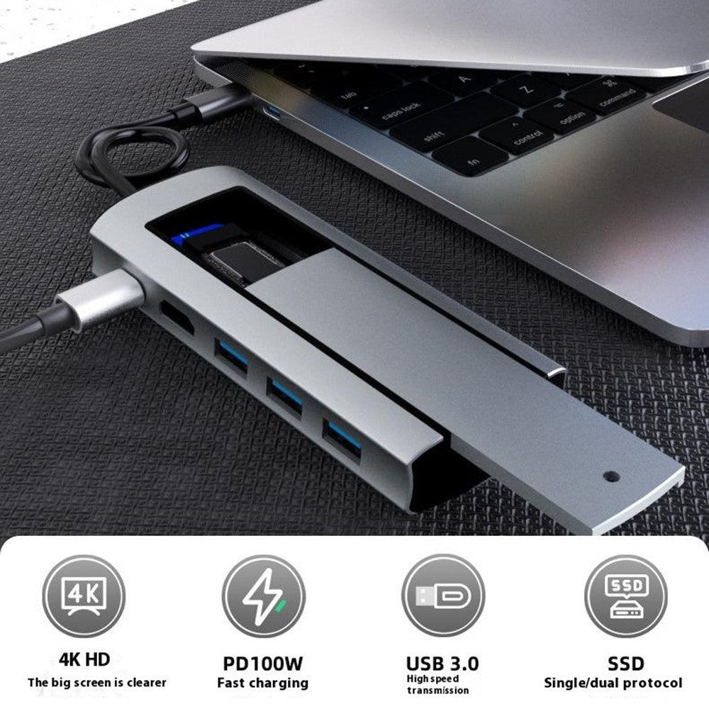 FX-2303 6-in-1 Type-C Hub M.2 SATA SSD Enclosure with 4K HD, 100W PD, 3x USB 3.0 Port
