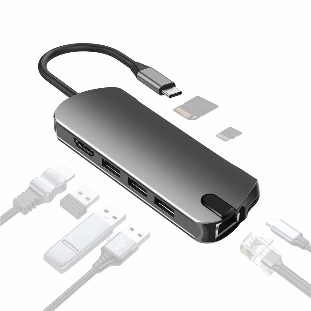 FX-1916 Type-C HUB 8 in 1 USB-C Adapter with 4K@30Hz HDMI / 100W PD USB C Port / USB 3.0 / RJ45 Ethernet / SD / TF Card Reader Docking Station