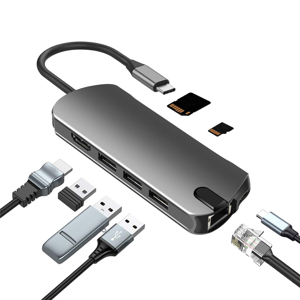 FX-1916 Type-C HUB 8 in 1 USB-C Adapter with 4K@30Hz HDMI / 100W PD USB C Port / USB 3.0 / RJ45 Ethernet / SD / TF Card Reader Docking Station