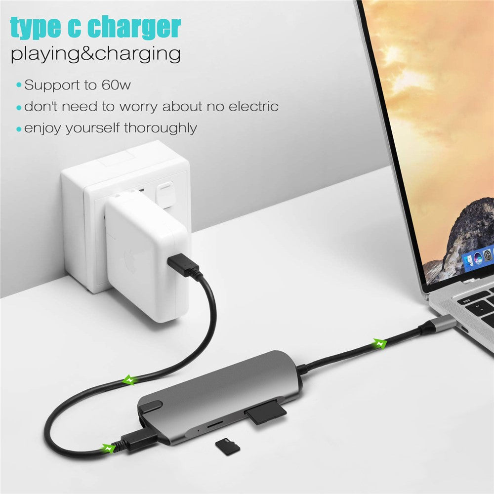 FX-1916 Type-C HUB 8 in 1 USB-C Adapter with 4K@30Hz HDMI / 100W PD USB C Port / USB 3.0 / RJ45 Ethernet / SD / TF Card Reader Docking Station