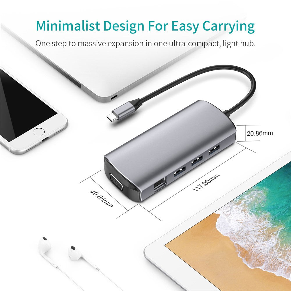 1928 11-in-1 Docking Station Type-C to USB-C + USB2.0 + 3xUSB3.0 + SD / TF Card Slot + 3.5mm + 4K HD + VGA + RJ45 USB Hub Adapter