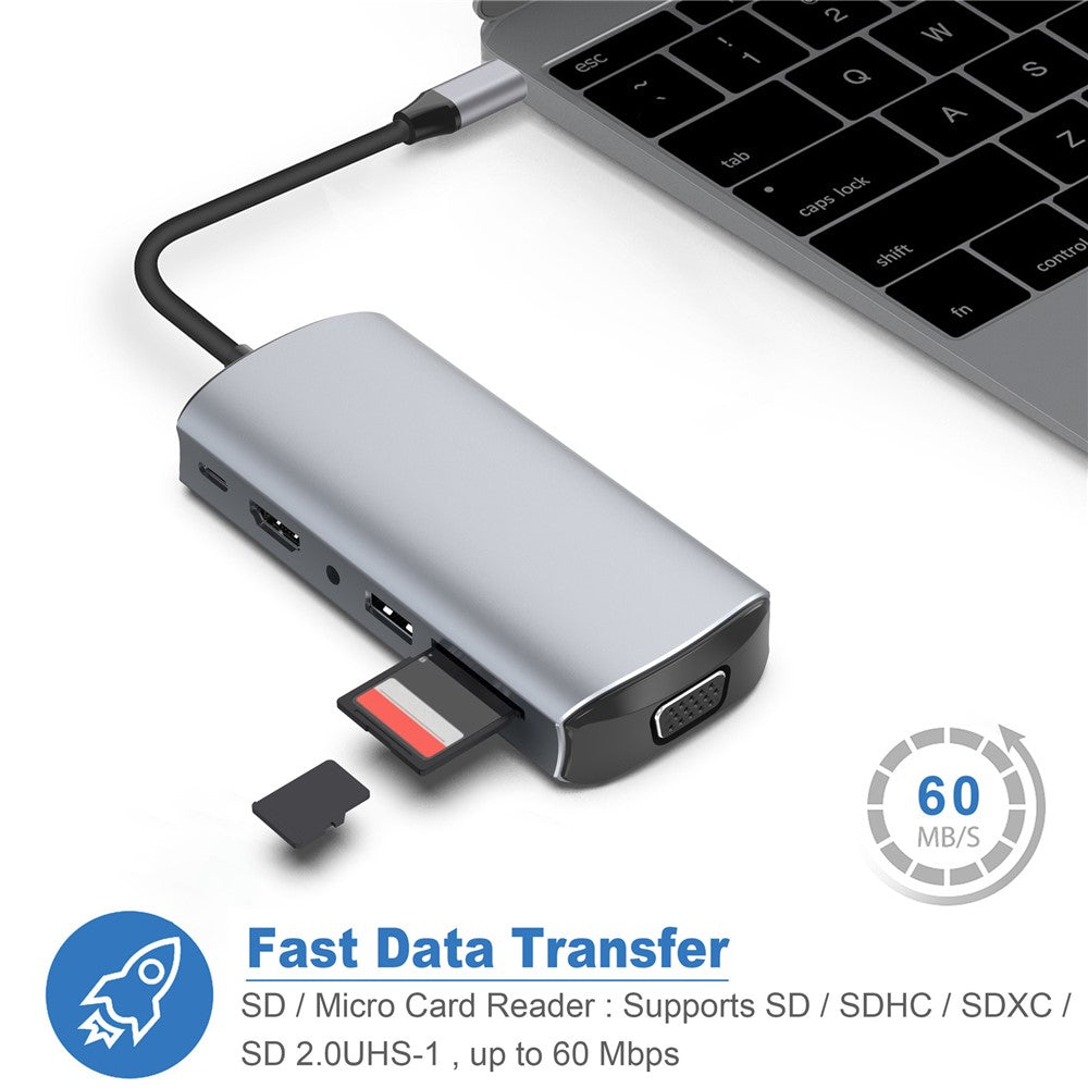 1928 11-in-1 Docking Station Type-C to USB-C + USB2.0 + 3xUSB3.0 + SD / TF Card Slot + 3.5mm + 4K HD + VGA + RJ45 USB Hub Adapter