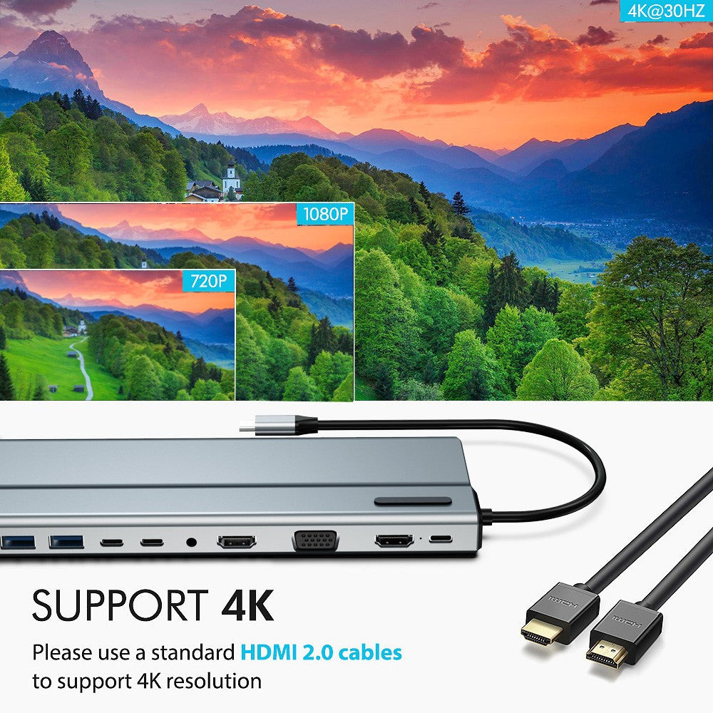 FX-2020C 15-in-1 Type-C Hub with Dual 4K HD, 100W PD, 5Gbps USB-C, VGA, RJ45 and SD / TF Card Reader
