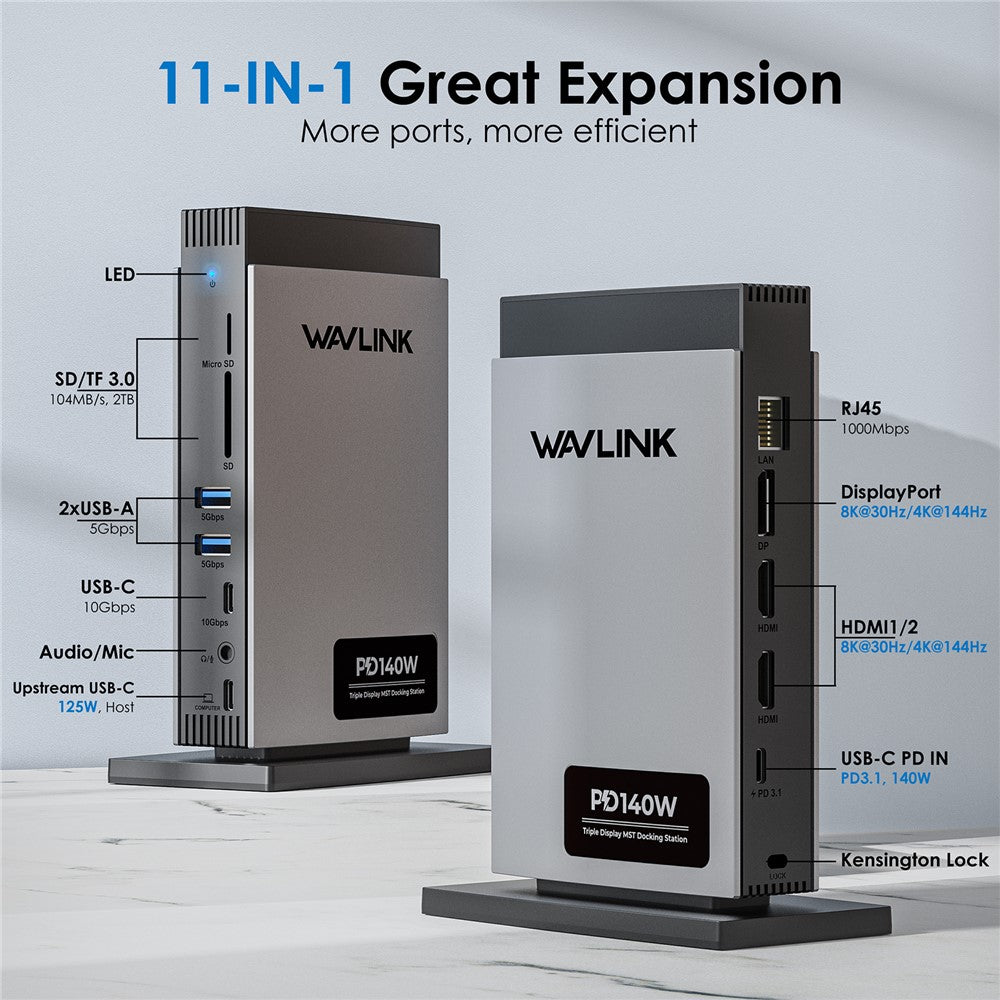 WAVLINK WL-UMD26 11-in-1 USB-C Docking Station with 8K HD, 8K Displayport, and 140W PD 3.1 Charging