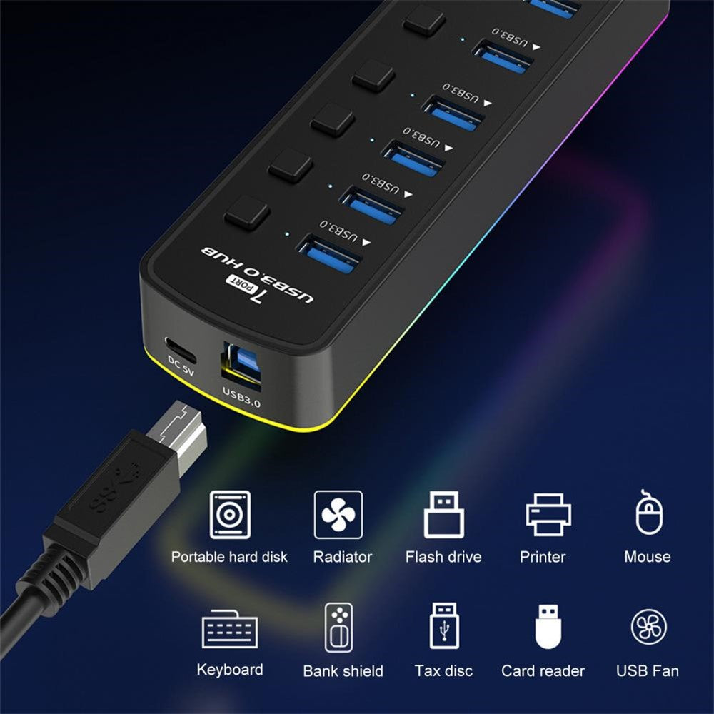 U307 7-Port USB 3.0 Hub Splitter with Individual Switches and 14 RGB Lighting Modes for Computer TV