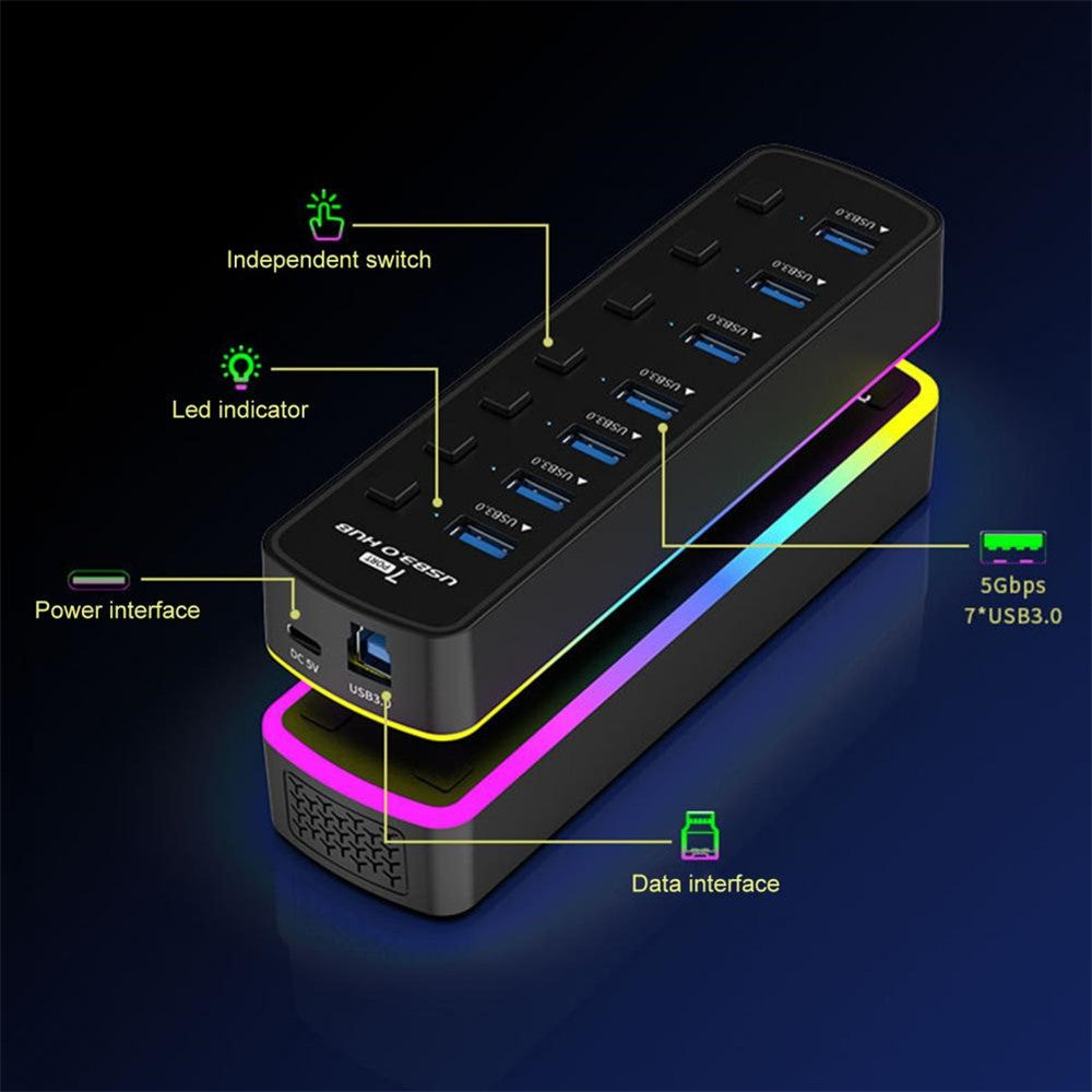 U307 7-Port USB 3.0 Hub Splitter with Individual Switches and 14 RGB Lighting Modes for Computer TV