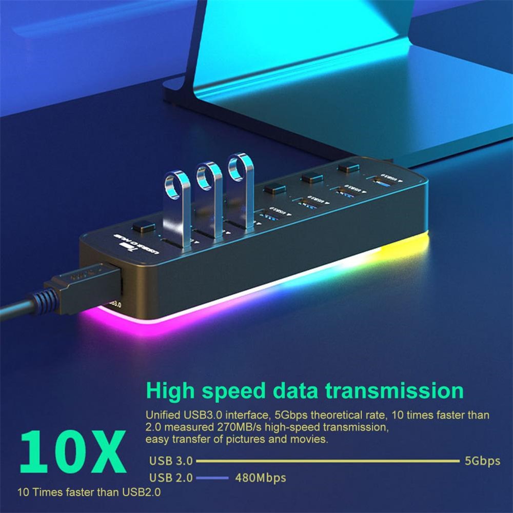 U307 7-Port USB 3.0 Hub Splitter with Individual Switches and 14 RGB Lighting Modes for Computer TV