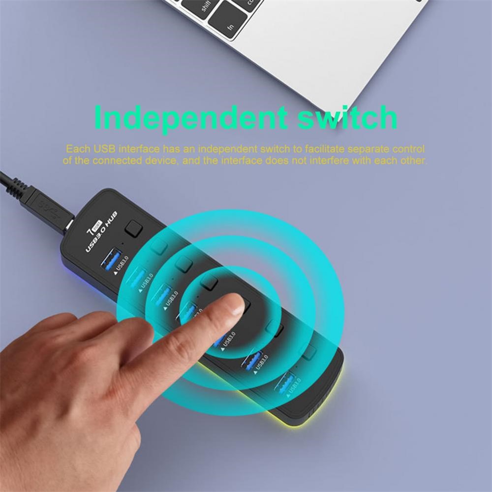 U307 7-Port USB 3.0 Hub Splitter with Individual Switches and 14 RGB Lighting Modes for Computer TV