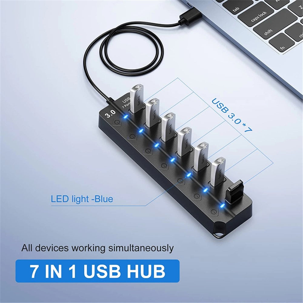 USB3.0 7-Port Hub High Speed Data Transfer Expansion Dock with Individual Switches for Laptop Desktop PC