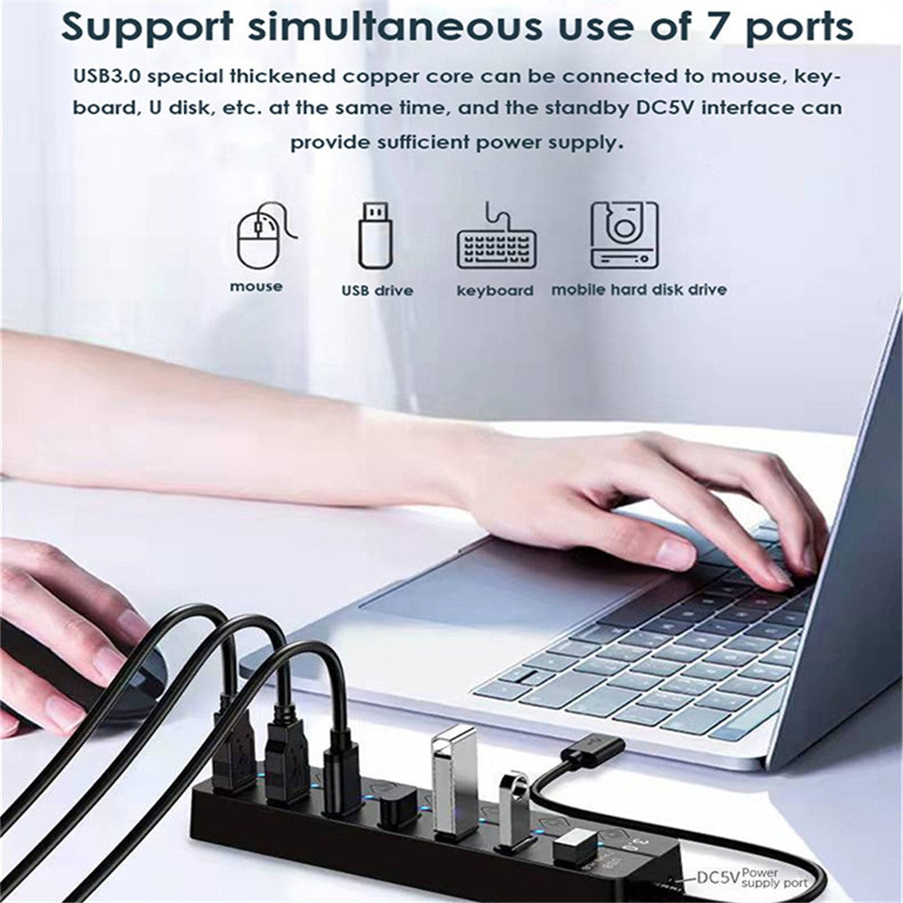 USB3.0 7-Port Hub High Speed Data Transfer Expansion Dock with Individual Switches for Laptop Desktop PC