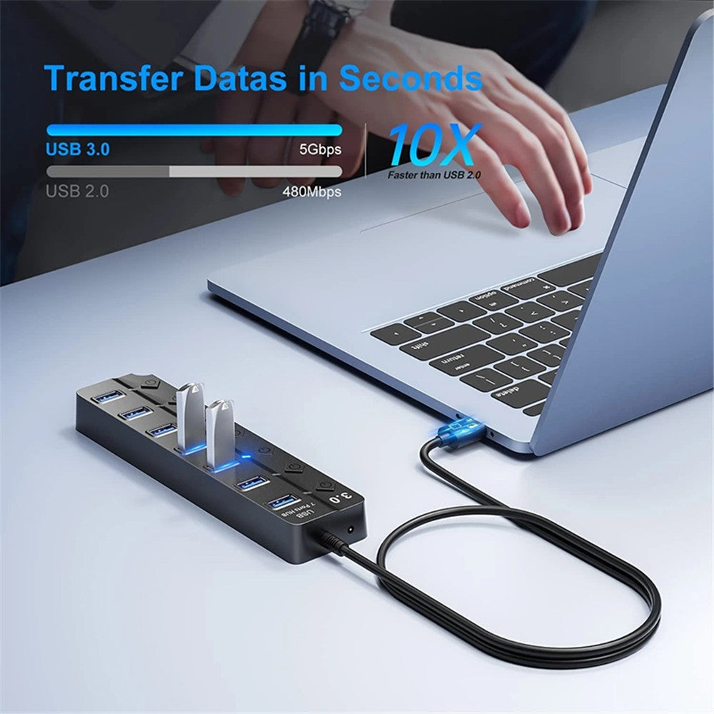 USB3.0 7-Port Hub High Speed Data Transfer Expansion Dock with Individual Switches for Laptop Desktop PC