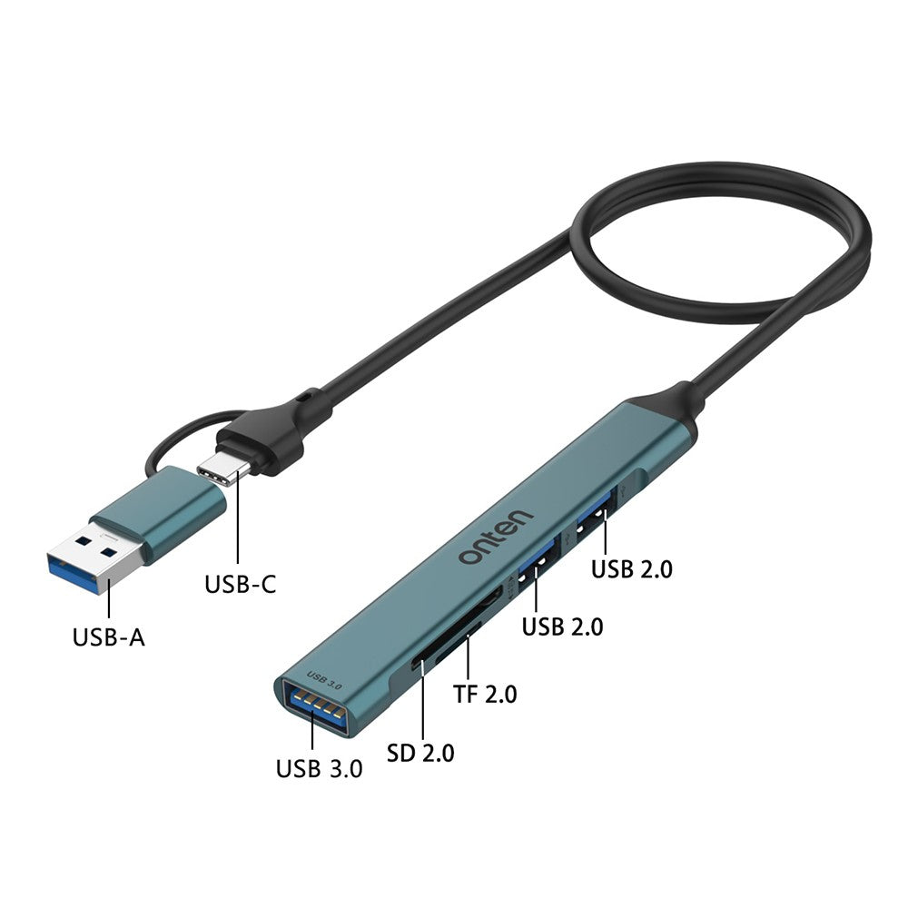 ONTEN UCA9705 Mini Portable USB Hub USB-A / C to USB 3.0 + 2 USB 2.0 + SD / TF Card Reader OTG Adapter