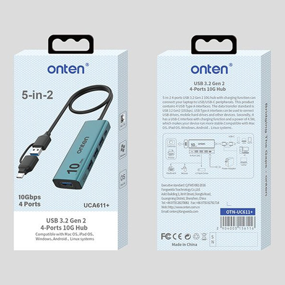 ONTEN UCA611+ 10G USB-A / USB-C to USB-A Converter 4 Port USB 3.2 Gen2 Hub with Charging Function