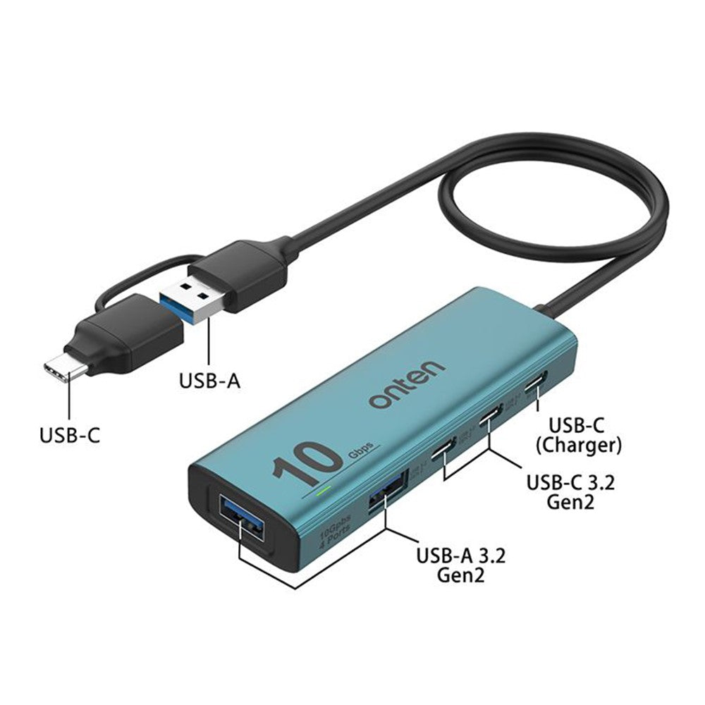 ONTEN UCA612+ USB-A / USB-C to 4 Port USB 3.2 Gen2 Hub 2xType-C + 2xUSB-A 10G Data Transfer Adapter