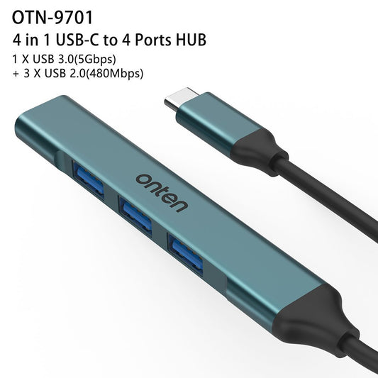 ONTEN OTN-9701 Portable Hub Type-C 3.0 to USB 3.0 + 3xUSB 2.0 Aluminum Alloy Adapter
