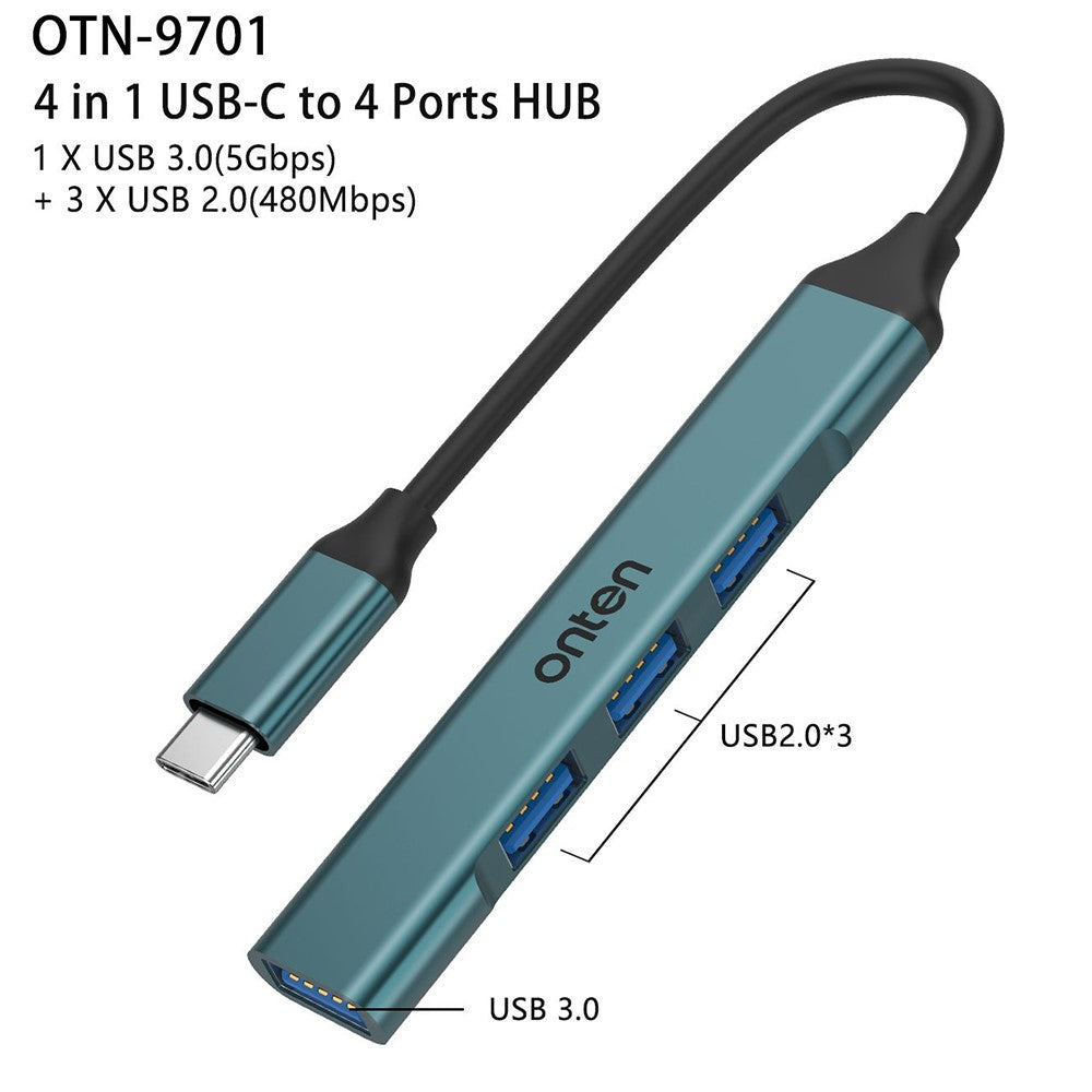 ONTEN OTN-9701 Portable Hub Type-C 3.0 to USB 3.0 + 3xUSB 2.0 Aluminum Alloy Adapter
