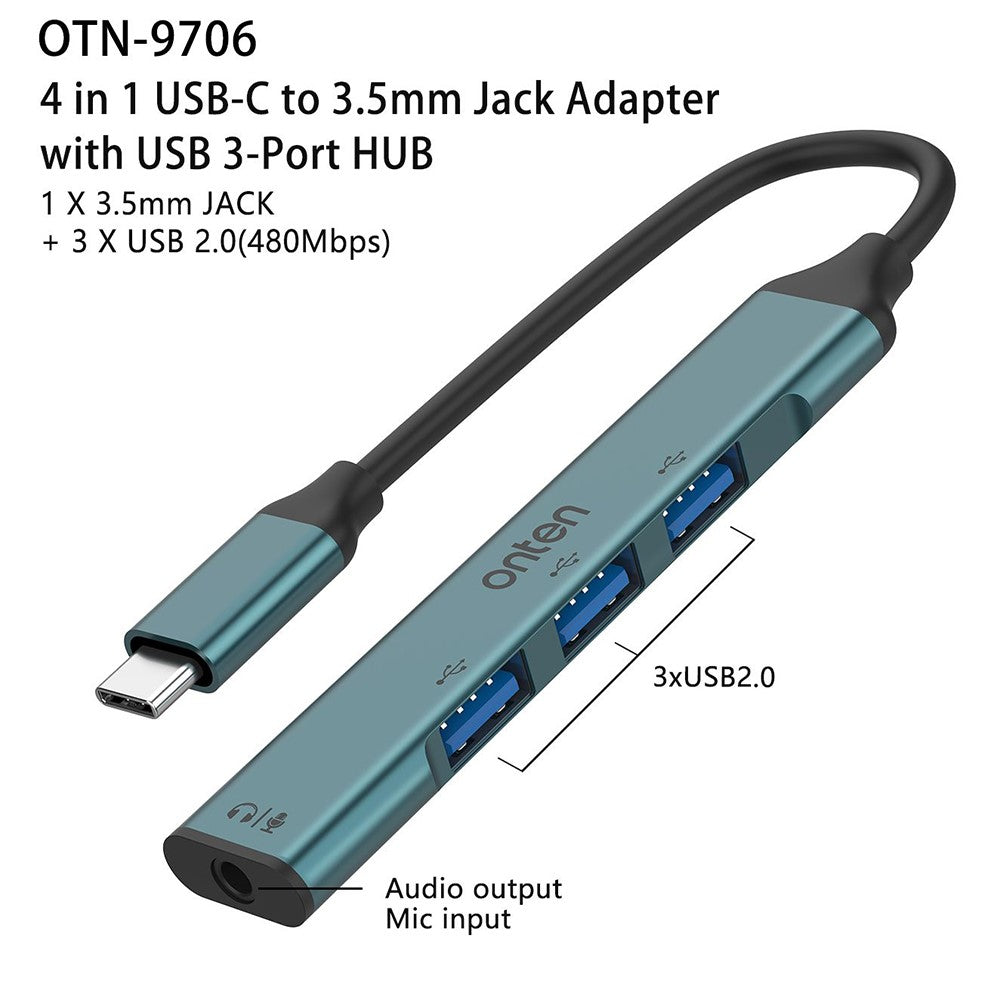 ONTEN OTN-9706 USB-C Hub 3 x USB 2.0 + 3.5mm Audio Adapter Converter