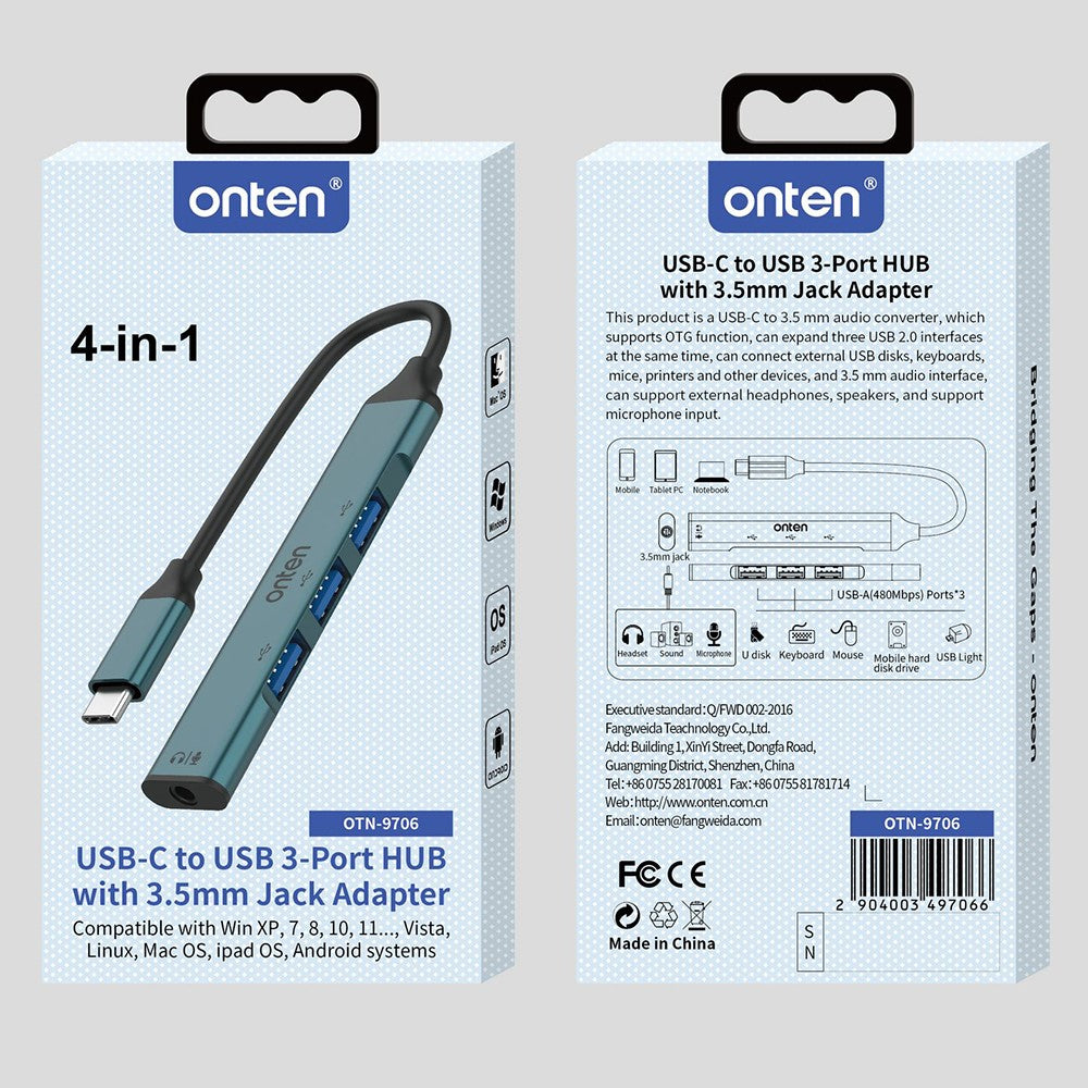 ONTEN OTN-9706 USB-C Hub 3 x USB 2.0 + 3.5mm Audio Adapter Converter