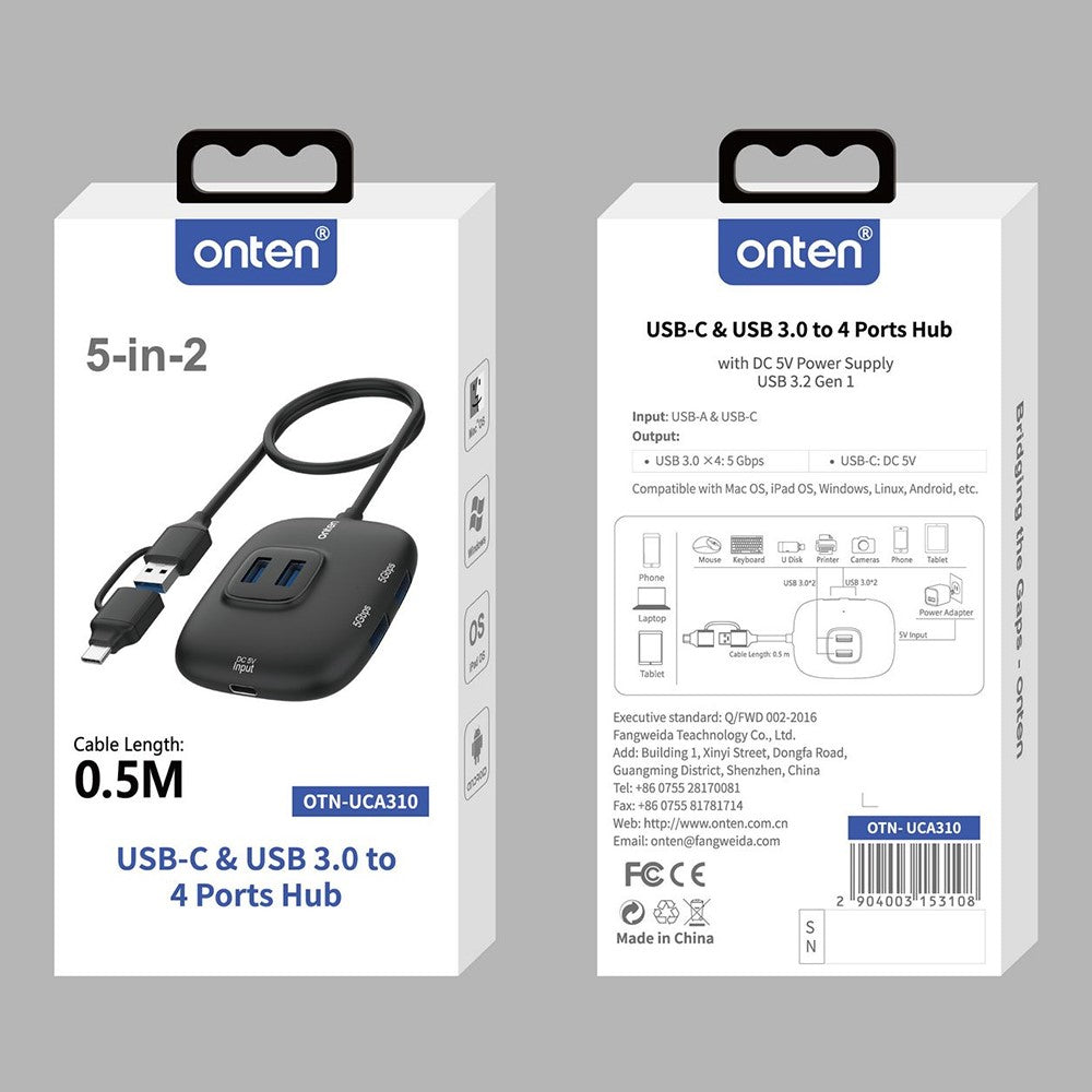 ONTEN OTN-UCA310 USB-A / USB-C to 4 x USB3.0 + USB-C Hub 5Gbps Transfer Speed Adapter