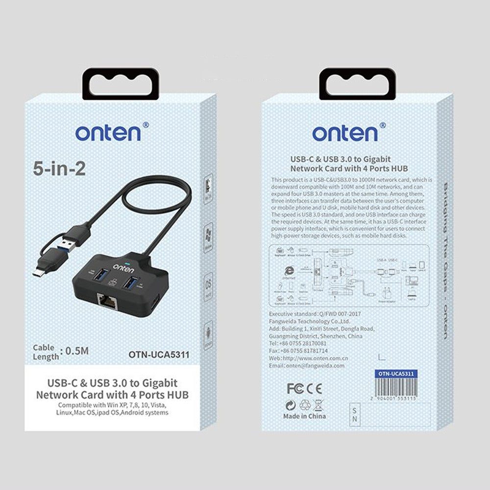 ONTEN UCA5311 USB-C / USB 3.0 Multi-Port Hub High-Speed Data Transfer Gigabit Ethernet Adapter