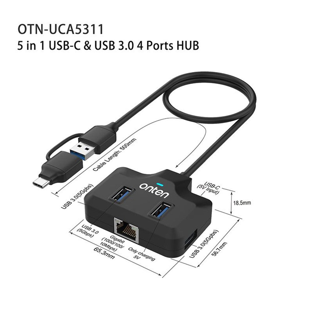 ONTEN UCA5311 USB-C / USB 3.0 Multi-Port Hub High-Speed Data Transfer Gigabit Ethernet Adapter