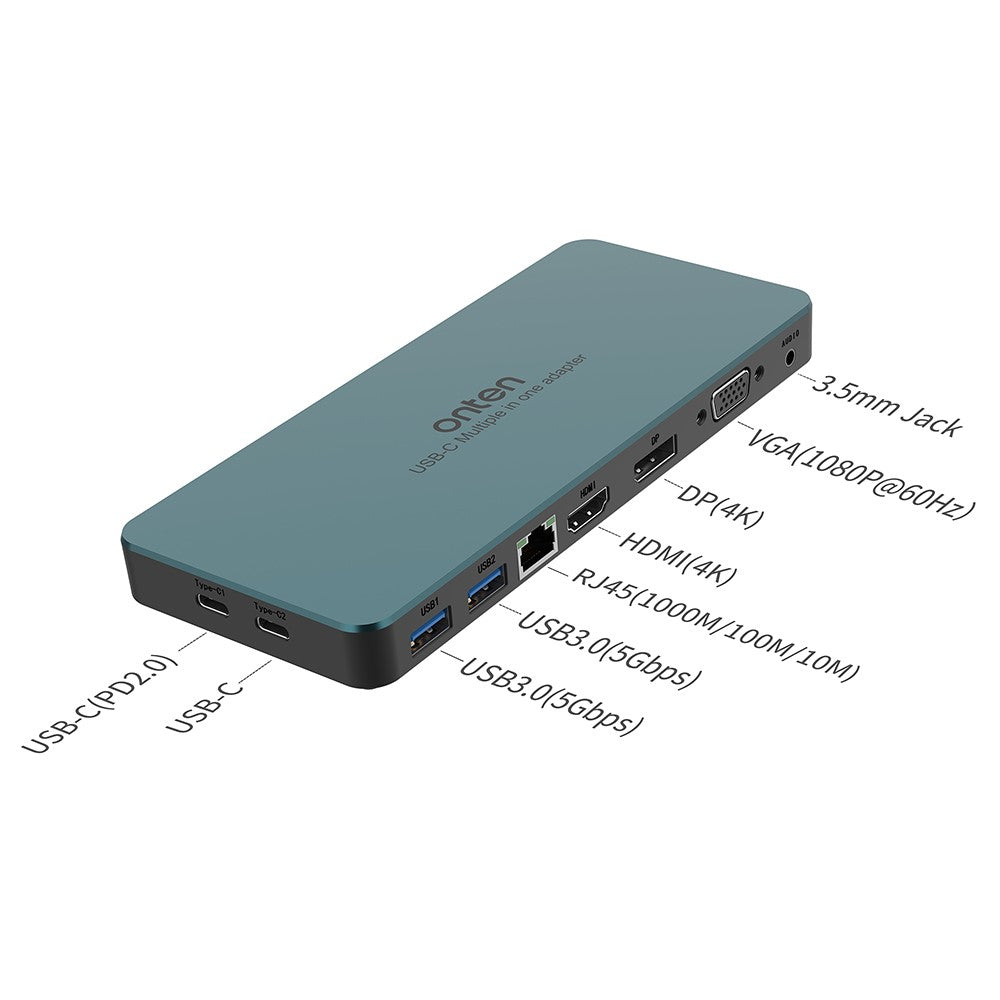 ONTEN 9188S 9 in 1 USB-C Hub Type-C to DP HD VGA 4K USB3.0 USB-C RJ45 3.5mm Docking Station