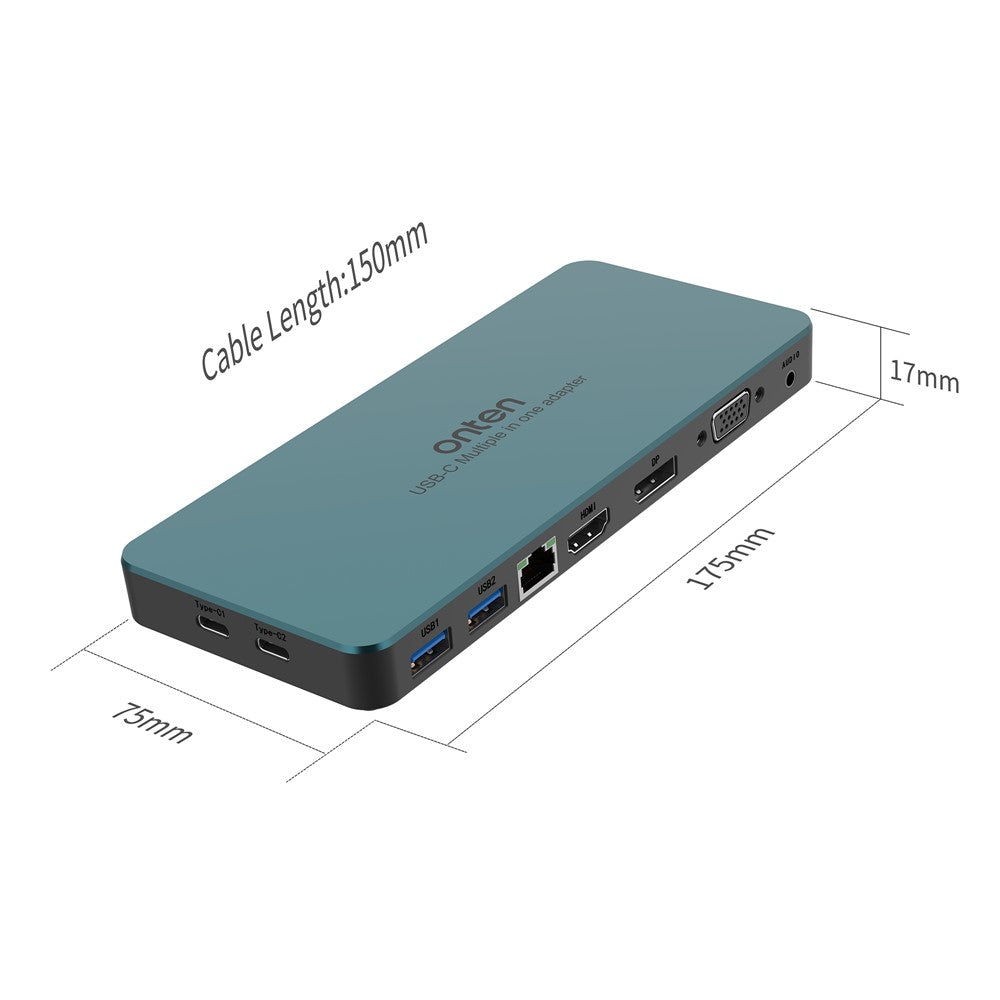 ONTEN 9188S 9 in 1 USB-C Hub Type-C to DP HD VGA 4K USB3.0 USB-C RJ45 3.5mm Docking Station