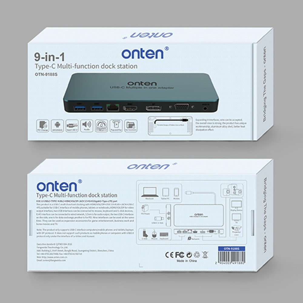 ONTEN 9188S 9 in 1 USB-C Hub Type-C to DP HD VGA 4K USB3.0 USB-C RJ45 3.5mm Docking Station